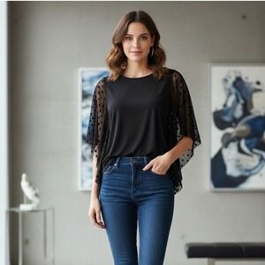 Arabella Blouse Womens Sz 1X Black Sheer Sleeve Tunic Top Lagenlook Stretch Goth